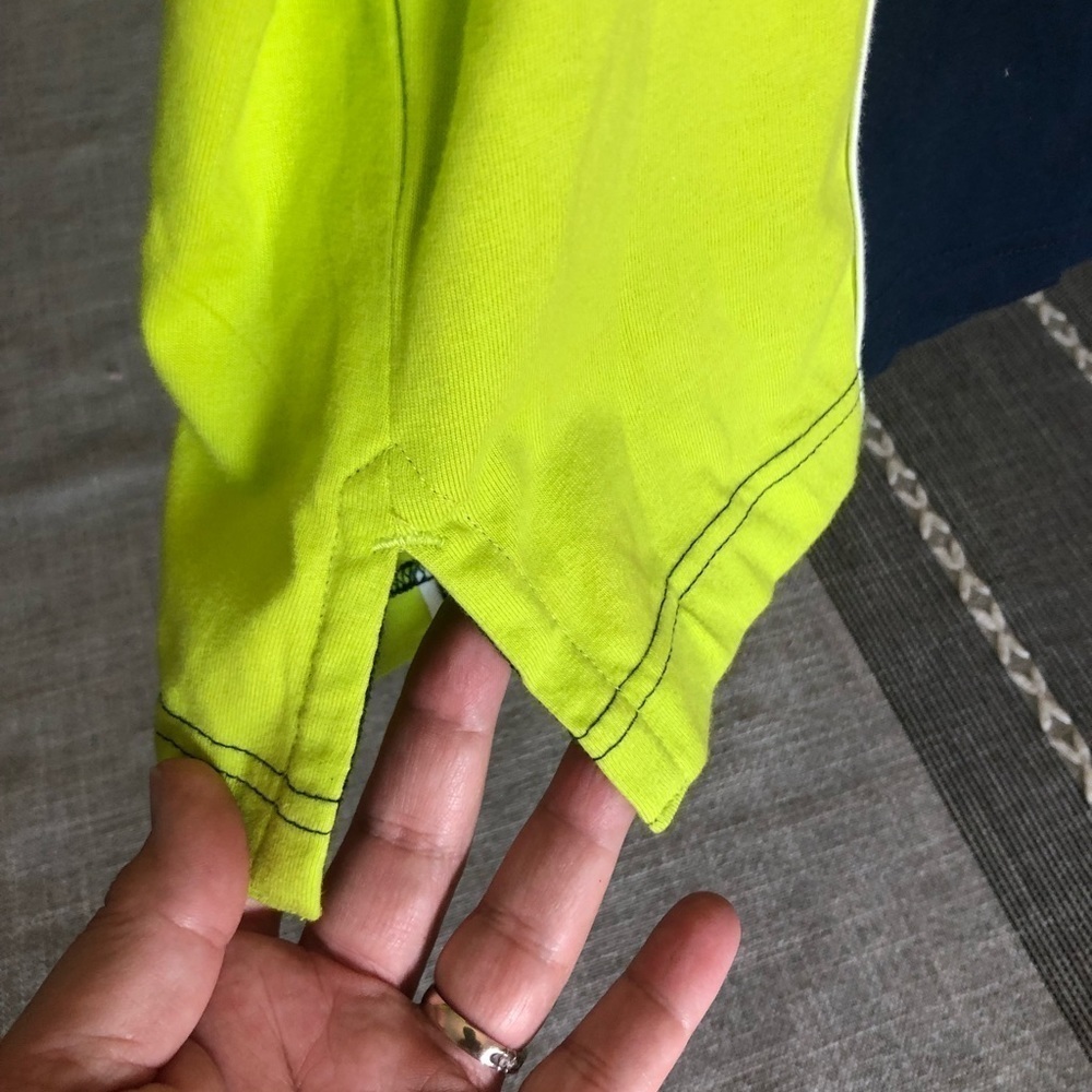 Mens Retro Fox Polo in Highlighter Yellow and Navy Colorblock Size XL 80s - Picture 7 of 8